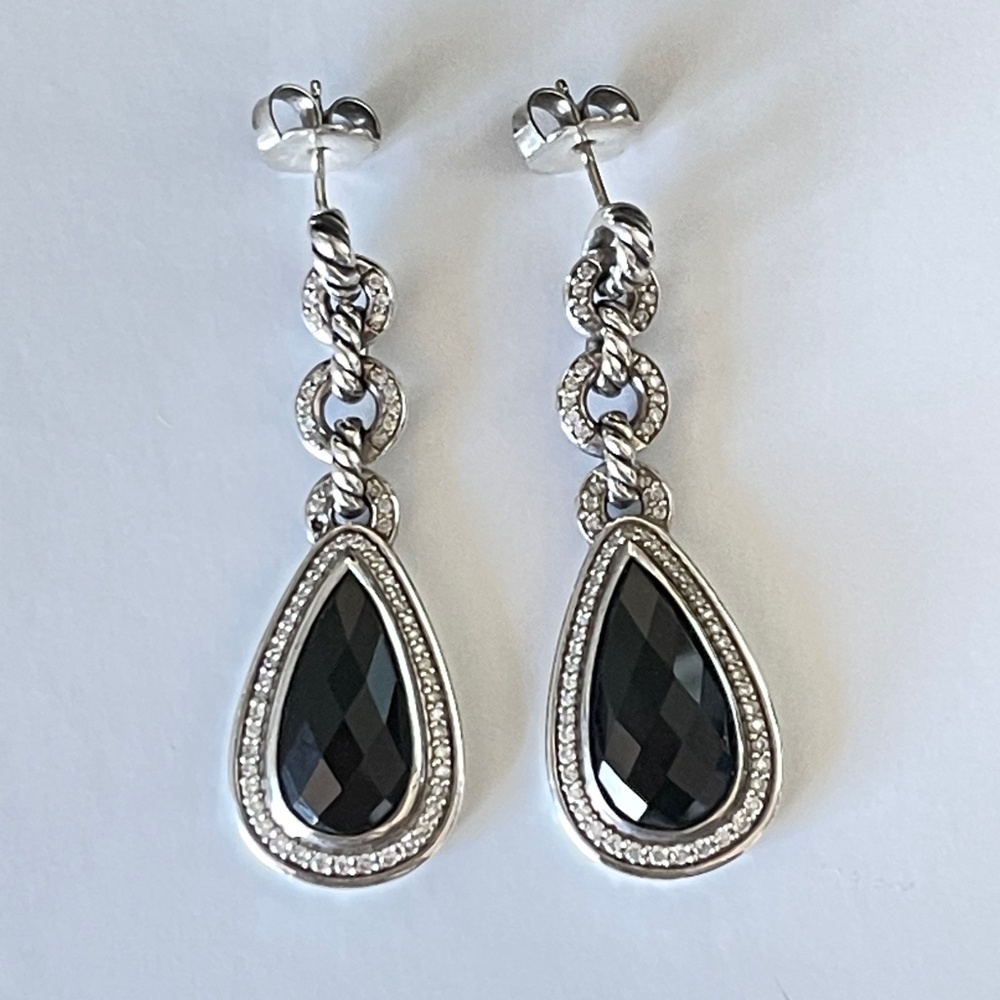 Black Onyx & Diamond Anjou Drop Sterling Earrings - one tiny diamond missing